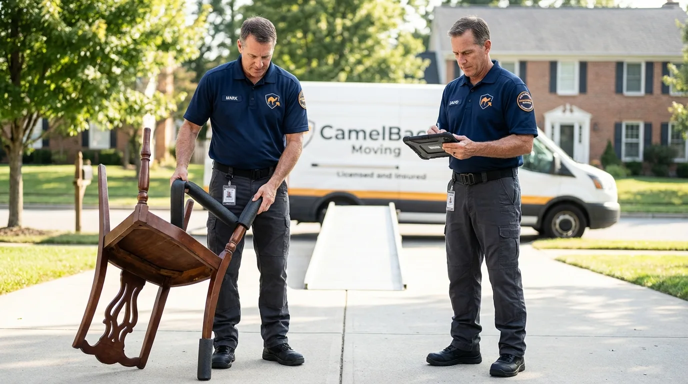Movers inspecting furniture for damage prevention before loading in Muncy, PA